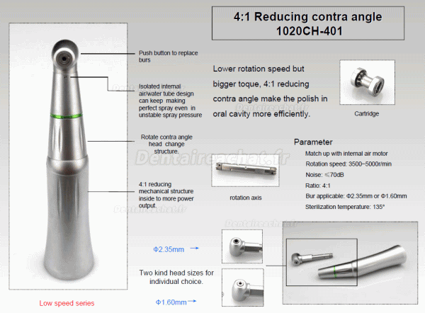 TEALTH® 1020CH-401 Contre angle bague verte ratio 4:1 spray interne sans lumiere (fraise Ø1.60mm/Ø2.35mm)