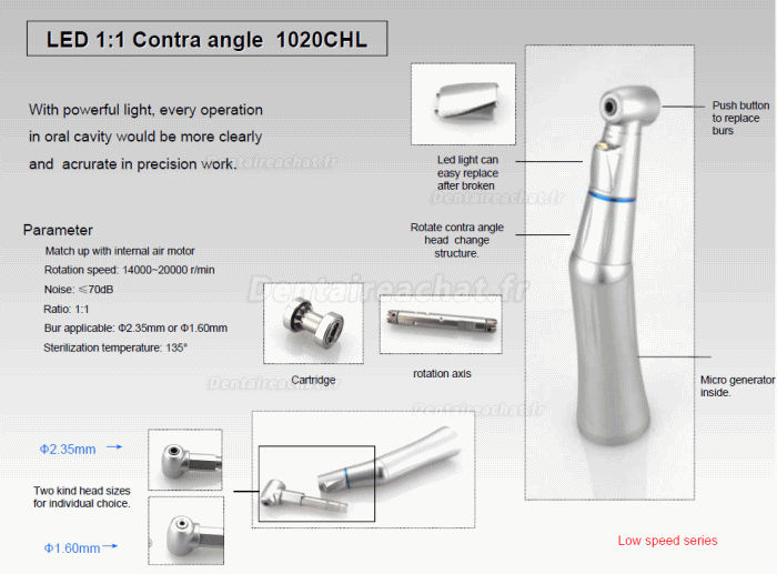 TEALTH® 1020CHL Contre angle bague bule spray interne avec lumiere (fraise Ø1.60mm/Ø2.35mm)