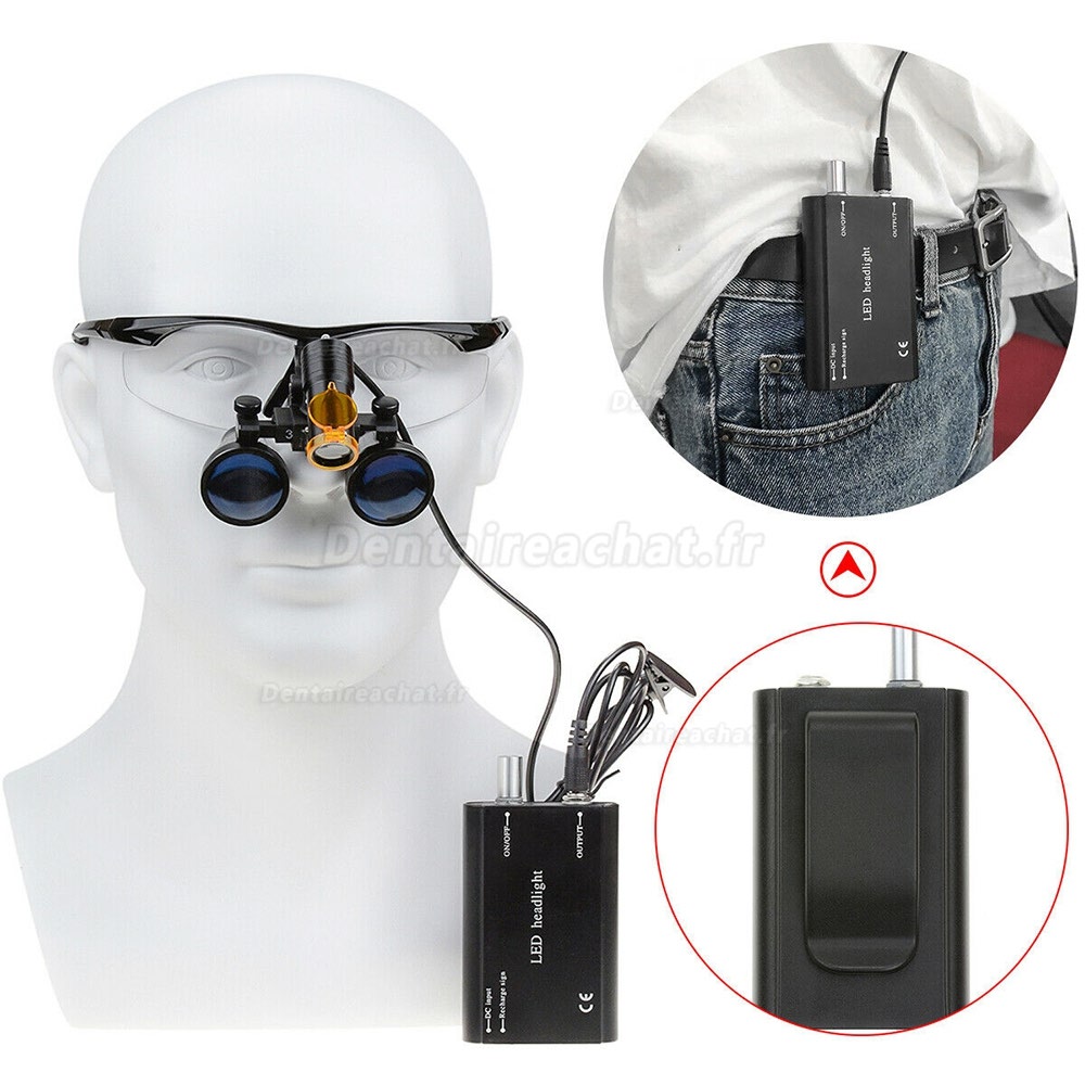 3.5X Loupes Binoculaires Dentaire Noir + Lampe Frontale Dentaire 5W LED avec Filtre et Clip de Ceinture