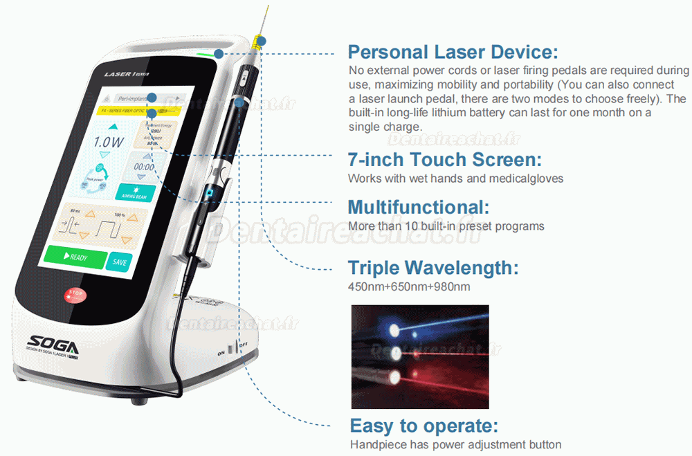 Stylo laser diode dentaire SOGA iLaser I Plus, 3 longueurs (450 nm/635 nm/980 nm)