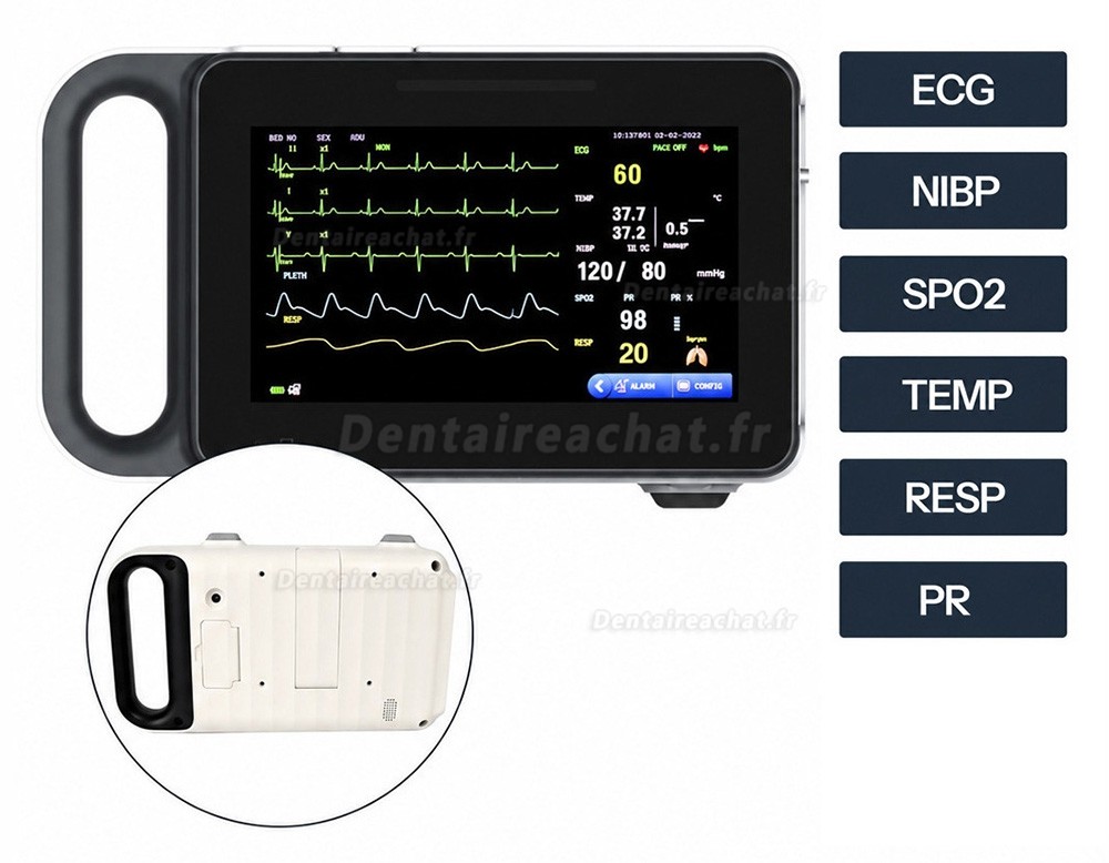Moniteur patient multiparamètres à écran tactile 7 pouces ECG/RESP/TEMP/NIBP/SpO2/PR Moniteur patient multiparamètres à écran tactile 7 pouces ECG/RESP/TEMP/NIBP/SpO2/PR