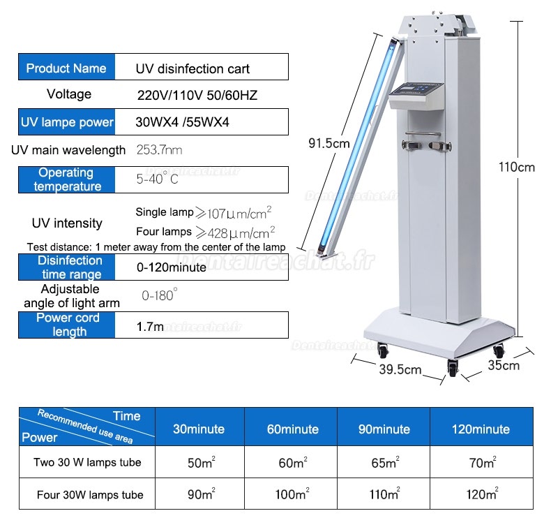 FY 120W-220W Portable UV + Lampe de désinfection à l'ozone Chariot stérilisateur ultraviolet 253.7nm