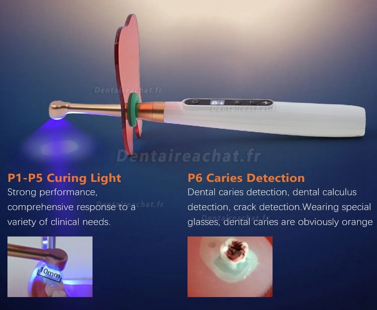 Lampe à polymériser LED dentaire 6 modes 1800 MW/CM2 avec détecteur de caries