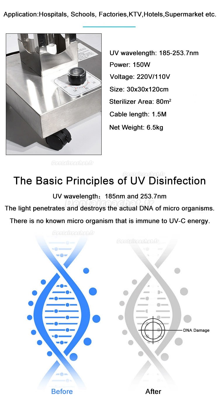 150W UV + Ozone chariot de désinfection lampe ultraviolette lampe de stérilisation lampe uvc germicide lumière