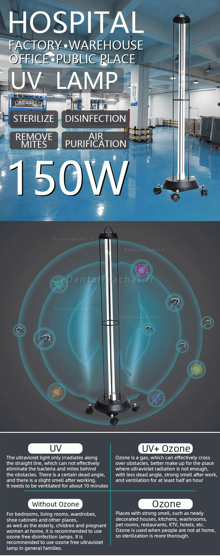 150W Lampe germicide ultraviolette de chariot de stérilisateur de pièce de lumière UVC avec capteurs radar
