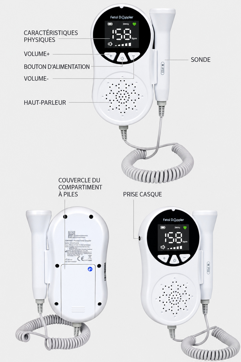 Doppler f&oelig;tal de poche CONTEC 10A (LED) &ndash; Moniteur de sons f&oelig;taux