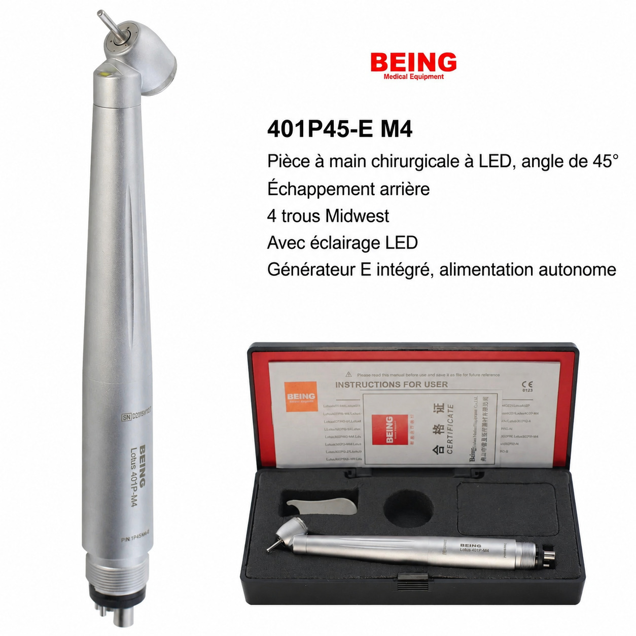 45-Degrés chirurgicale turbine dentaire BEING 401P45-M4E, avec 4 trous et lampe LED 45-Degrés chirurgicale turbine dentaire BEING 401P45-M4E, avec 4 trous et lampe LED