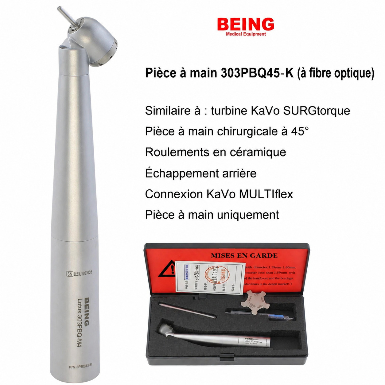 45-Degrés chirurgicale turbine dentaire Being 303PBQ45-K, compatible avec les raccords KaVo 45-Degrés chirurgicale turbine dentaire Being 303PBQ45-K, compatible avec les raccords KaVo