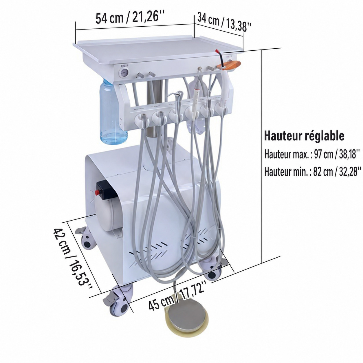 Cart dentaire autonome (4 sorties) avec compresseur d'air et fonction de r&eacute;glage en hauteur