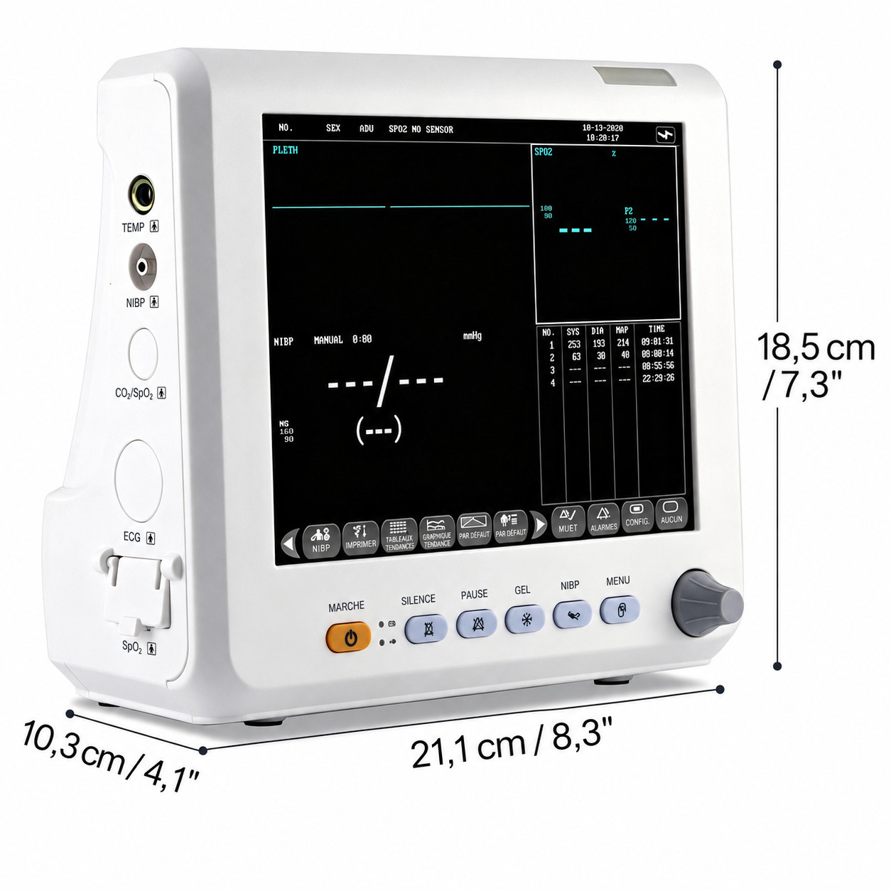 Moniteur patient SINNOR SNP9000L-B 8 pouces, 4 param&egrave;tres (PNI, SpO2, FC, Temp&eacute;rature)