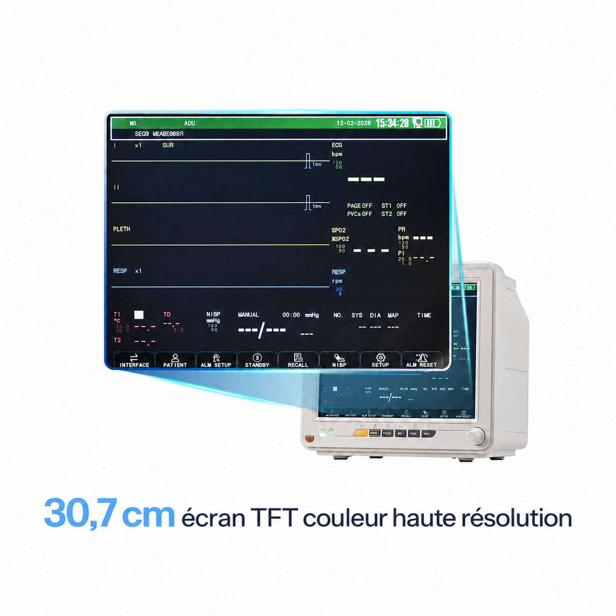Moniteur patient SINNOR SNP9000N 12 pouces, 6 param&egrave;tres (ECG, RESP, TEMP, PNI, SpO2, FC)