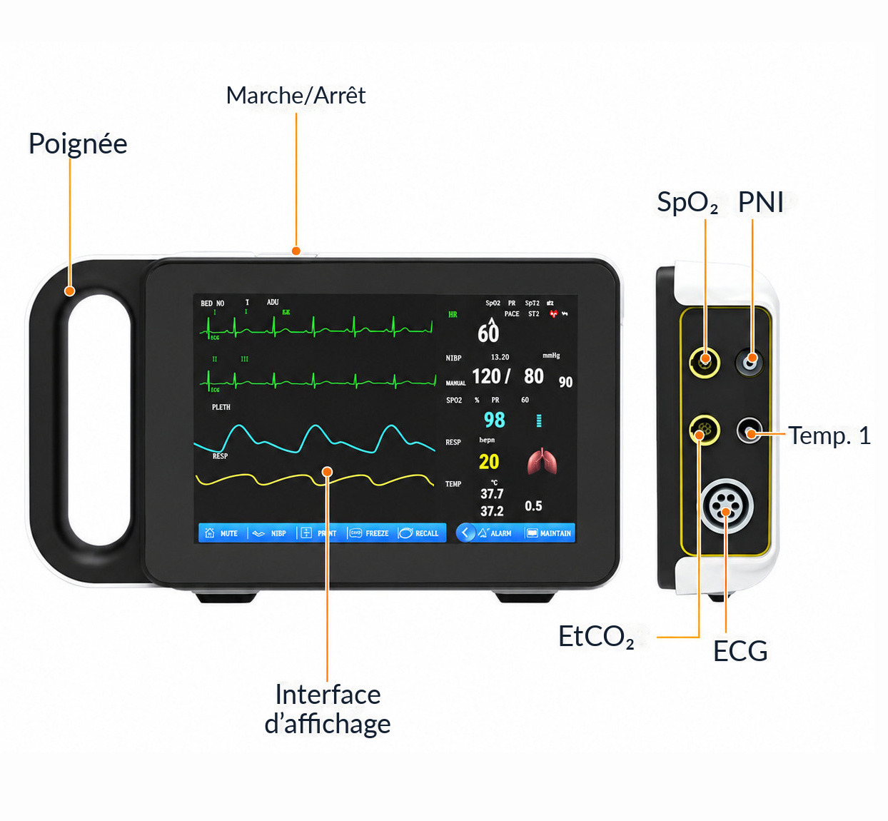 Moniteur patient multiparamètres à écran tactile 7 pouces ECG/RESP/TEMP/NIBP/SpO2/PR Moniteur patient multiparamètres à écran tactile 7 pouces ECG/RESP/TEMP/NIBP/SpO2/PR