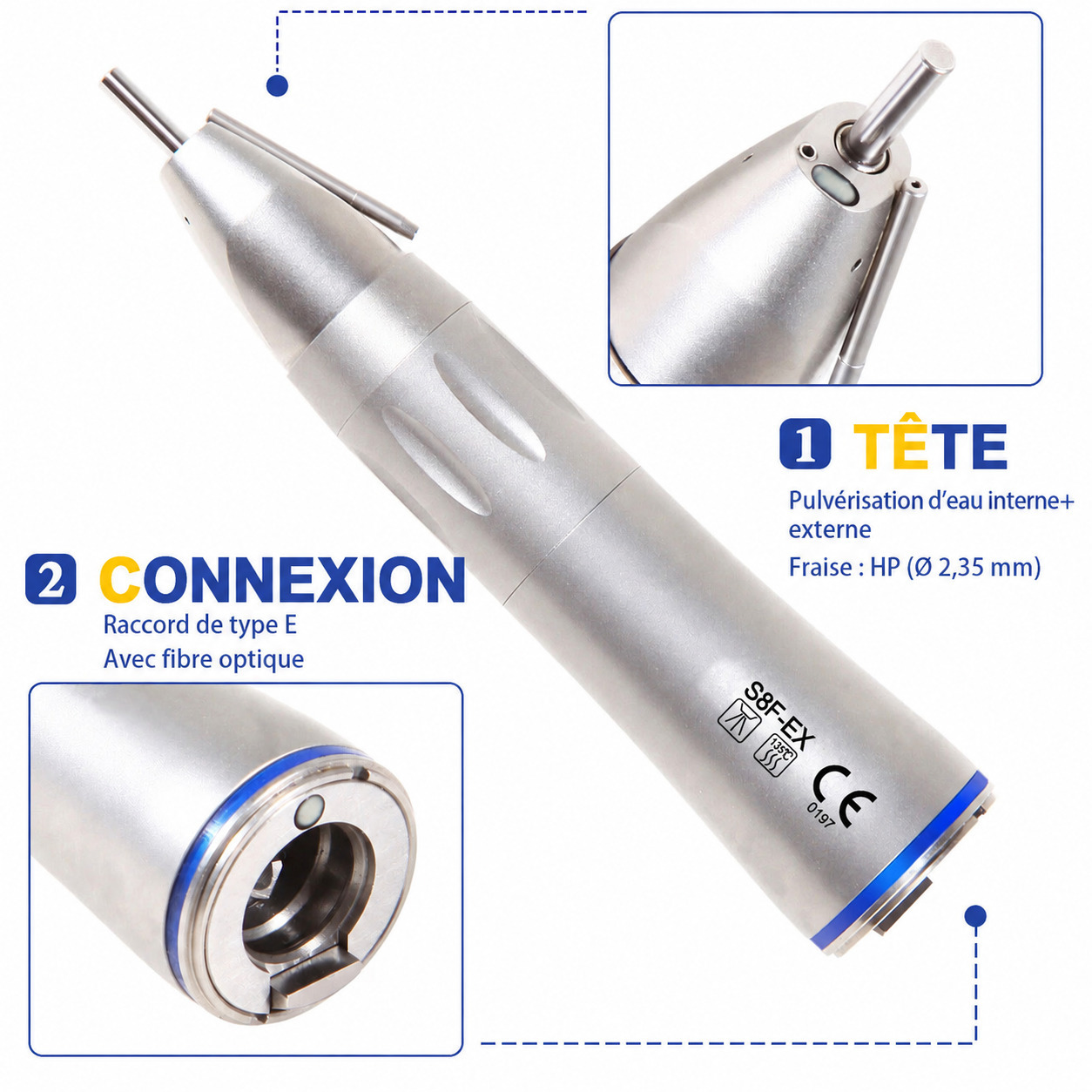 Pièce à main droite dentaire à basse vitesse (rapport 1:1), avec fibre optique, type E Pièce à main droite dentaire à basse vitesse (rapport 1:1), avec fibre optique, type E