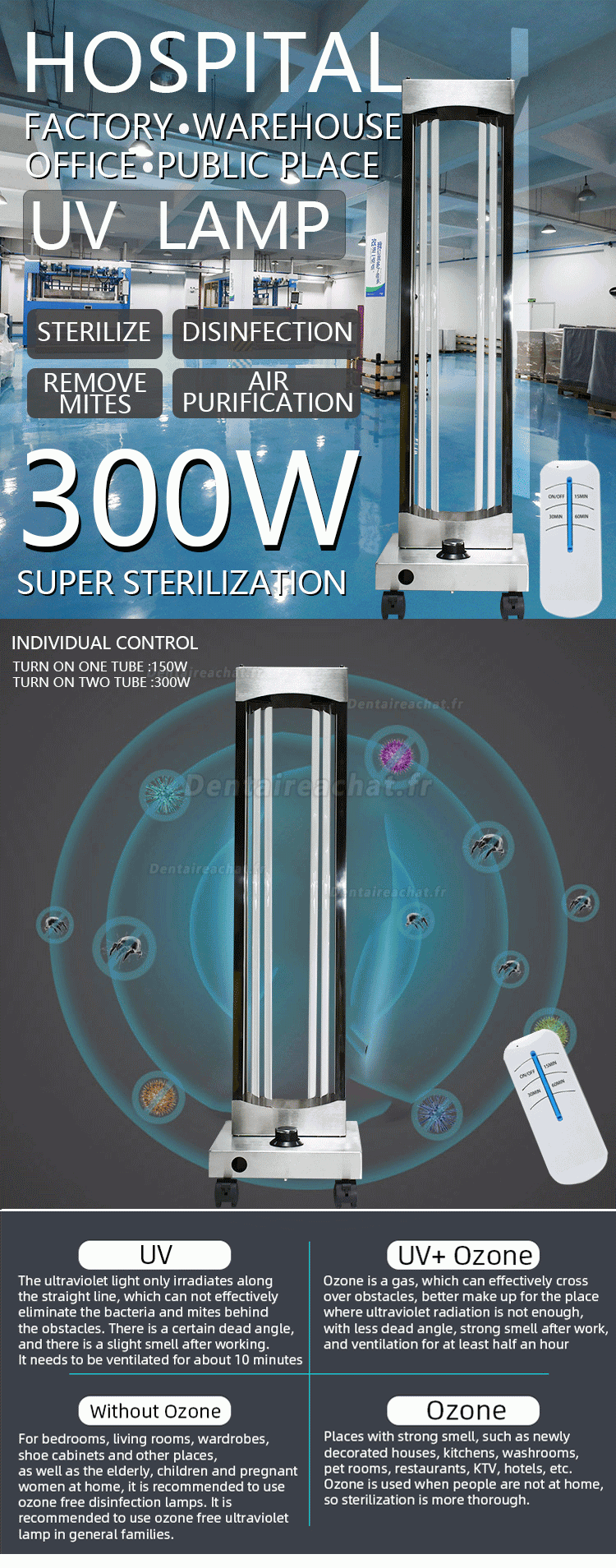 300W chariot de stérilisation à l'ozone UV acier inoxydable avec capteurs radar